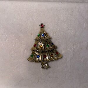 Vintage 70’s Gold Tone and Jeweled Christmas Tree Brooch
